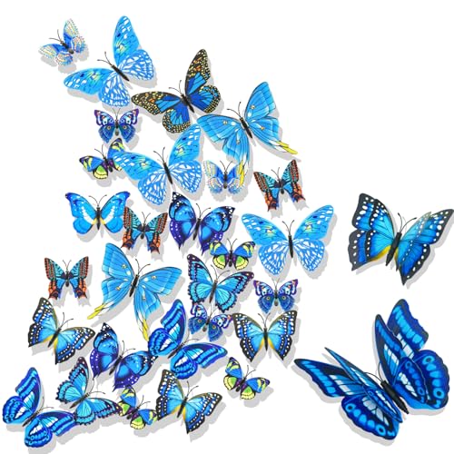 3D Schmetterlinge Wanddeko Schmetterling Deko Wandaufkleber Schmetterlinge Wandtattoo Butterfly Dekoration Abnehmbare Wandaufkleber Heimdeko Kinderzimmer Schlafzimmer Deko Blau von HENOUXIANG