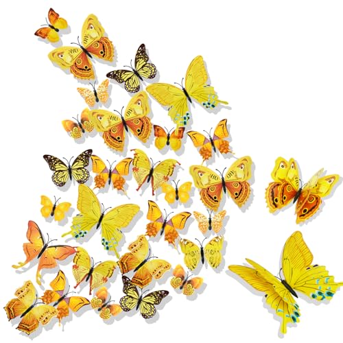 3D Schmetterlinge Wanddeko Schmetterling Deko Wandaufkleber Wandtattoo Butterfly Dekoration Abnehmbare Wandaufkleber Heimdeko Kinderzimmer Schlafzimmer Deko Gelb von HENOUXIANG