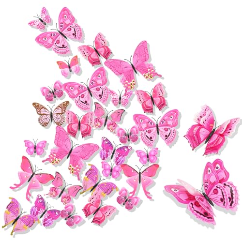 3D Schmetterlinge Wanddeko Wandaufkleber Schmetterlinge Deko Wandtattoo Butterfly Dekoration Abnehmbare Wandaufkleber Heimdeko Kinderzimmer Schlafzimmer Deko Rosa von HENOUXIANG