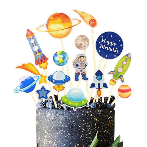 Weltraum Astronauten Tortendeko Geburtstag Planeten Torte Deko Weltraumthema Kind Astronauten Raketen Planet Kuchenaufsätze Gute zum Geburtstag Cupcake-Aufsätze für Jungen Kinder von HENOUXIANG