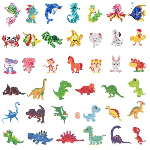 HEOUCH 39 Stück Diamond Painting Kinder, DIY Diamant Painting Bilder, Tiere Diamant Aufkleber Kit, Cartoon Diamantmalerei, Als Weihnachtsgeschenke, Geburtstagsgeschenke für Kinder (A) von HEOUCH