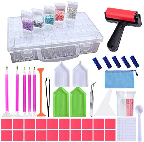 HEPAZ Diamond Painting Zubehör,52tlg DIY 5D Diamond Painting Werkzeug Set,Diamant Malerei Werkzeuge Kits Diamant Stifte Zubehör mit Stift, Pinzette, Taschen,Klebeton,Kunststoffschale (with Roller) von HEPAZ