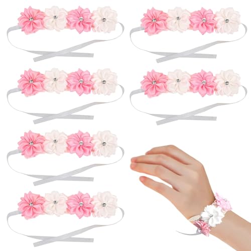 HERCHR Handgelenk Corsage, Set von 6 Stück Hochzeitsblumen Simulation Band Handgelenk Blume Hochzeitsdekoration Zubehör für Braut Brautjungfern(Rosa) von HERCHR