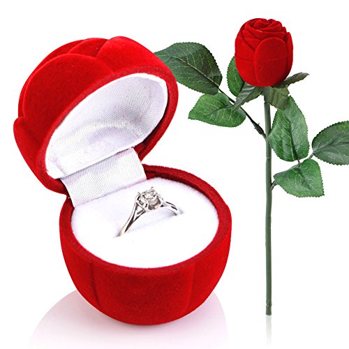 HERCHR Rosen-Ring-Box, Verlobungsring-Box, Rote Rose, Schmuckschatulle, Etui Für Ring, Rote Rose, Ring-Box Für Antragsring, Hochzeitszeremonie von HERCHR