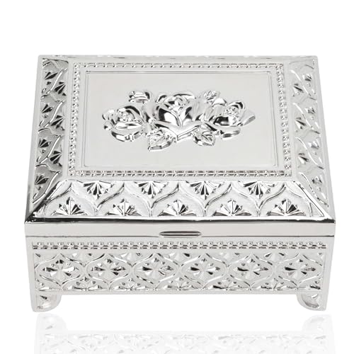 Silber Antik Schmuckkästchen, Retro Schatulle Für Halsketten, Metall Schmuckdose, Schmuckschatulle Ring Kette Ohrringe Schmuckbox, Vintage Schmuckschatulle Mit Gravur Und Weichen Samt Innen Futter Silber Antik Schmuckkästchen, Retro Schatulle Für Halsketten, Metall Schmuckdose, Schmuckschatulle Ring Kette Ohrringe Schmuckbox, Vintage Schmuckschatulle Mit Gravur Und Weichen Samt Innen Futter von HERCHR