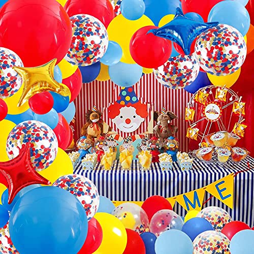 Karneval Zirkus Party Dekorationen-127 Stück Karneval Luftballons Rot Blau Gelb Konfetti Luftballons Sterne Folienballons Für Kinder Karneval Geburtstagsdeko Zirkus Karneval Dekoration von HEREER