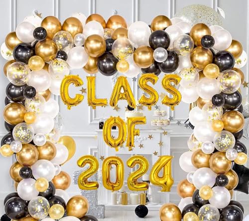 2024 Abschluss dekorations set Klasse von 2024 Luftballons Banner 120 Stück Gold Schwarz Weiß Graduierung Latex Ballons mit Werkzeug für 2024 Abschlussfeier Party Supplies von HEREER