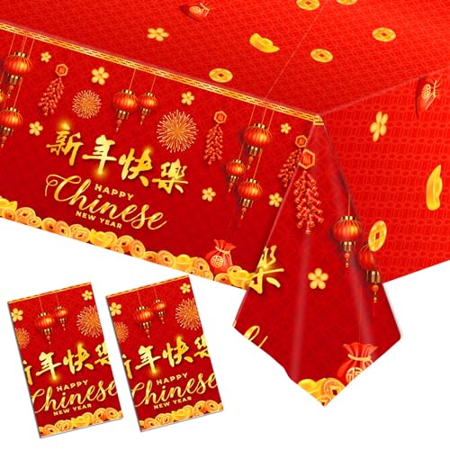 HEREER Chinesisches Neujahrsfest 2024 Dekorationen - 2 Stück Happy Chinese New Year Tischdecke Kunststoff Rechteckig Rot Gold Frühling Festival Tischdecken für Chinesische Neujahrsparty 2024 Frühling von HEREER