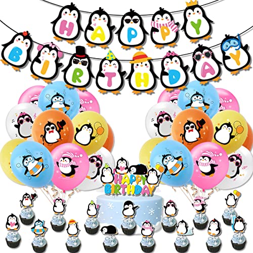Pinguin Geburtstagsdekoration Pinguin Party Supplies Alles Gute zum Geburtstag Banner Walking Pinguin Luftballons Cake Toppers für Kinder Geburtstag Babyparty Winter Wunderland Dekoration von HEREER