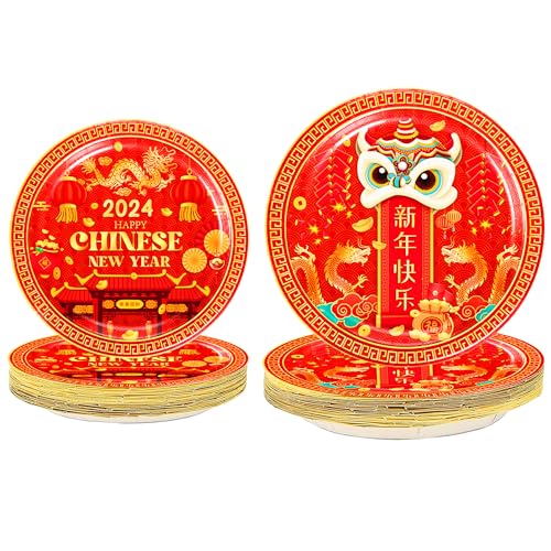 HEREER Chinesisches Neujahrsgeschirr Set Jahr des Drachen Teller Frühlingsfest Partyteller Chinesisches Neujahr 9 Zoll 7 Zoll Pappteller für 24 Gäste von HEREER