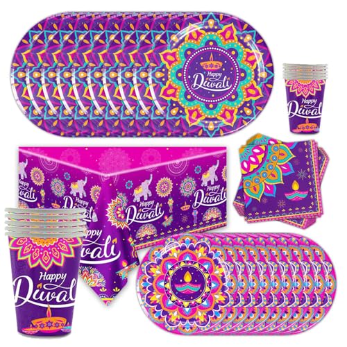 Happy Diwali Dekorationsset Mit Tellern, Bechern, Servietten, Tischdecke für Festivals, Party-Dekorationen, Hindu-Party-Zubehör (12 Gäste) von HEREER