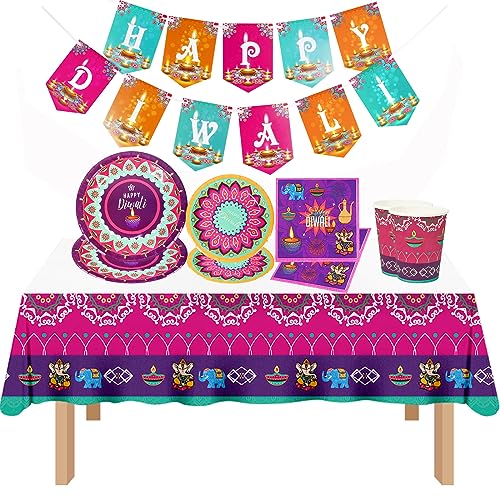 Happy Diwali Party set Festival of Lights Indian Festival Deepavali Banner Teller Tassen Servietten Tischdecke für Diwali Dekoration (16 Gäste) von HEREER