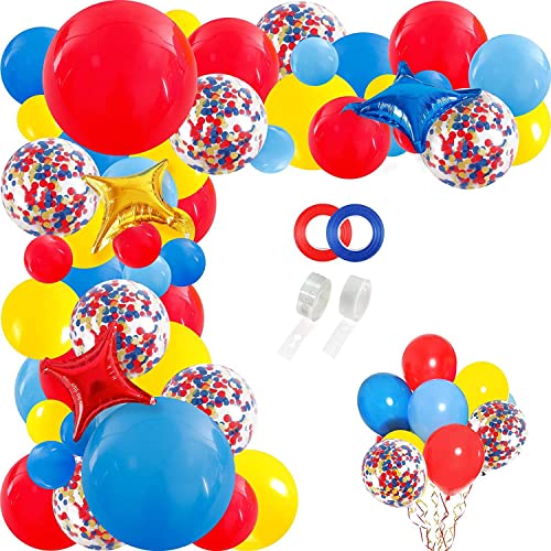 Karnevals-Zirkus-Ballongirlande, Bogen-Set – 127 Stück rot, blau, gelb, Konfetti-Latexballons und Sternfolienballons für Karneval, Babyparty, Geburtstagsparty-Dekorationen (blau, gelb, rot) von HEREER