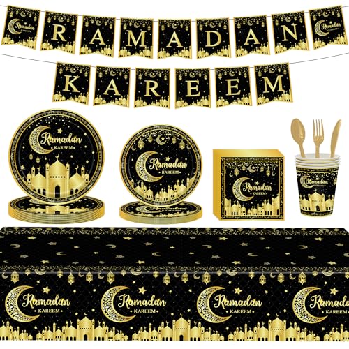 Ramadan Eid Mubarak Partygeschirr 98 Stück Ramadan-Teller, Tassen, Servietten, Tischdecke Banner golden Stern-Mond-Laternens für Eid Ramadan Party Ramadan Mubarak Tischdekorationen (Black and Gold) von HEREER