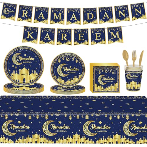 Ramadan Eid Mubarak Partygeschirr 98 Stück Ramadan-Teller, Tassen, Servietten, Tischdecke Banner golden Stern-Mond-Laternens für Eid Ramadan Party Ramadan Mubarak Tischdekorationen (Blue and Gold) von HEREER