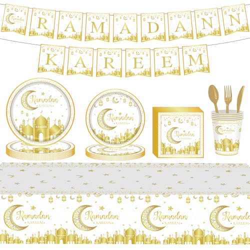 Ramadan Eid Mubarak Partygeschirr 98 Stück Ramadan-Teller, Tassen, Servietten, Tischdecke Banner golden Stern-Mond-Laternens für Eid Ramadan Party Ramadan Mubarak Tischdekorationen (White and Gold) von HEREER