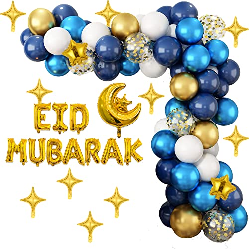Ramadan Mubarak Party Dekoration Eid Mubarak Ballon Bogen Kit Gold Blau Latex Ballons und Eid Mubarak Folienballons für Eid Party Dekoration (Blau) von HEREER