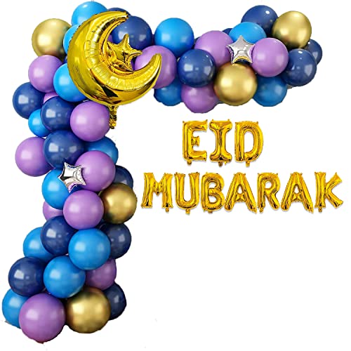 Ramadan Mubarak Party Dekoration Eid Mubarak Ballonbogen Kit Gold Blau Latex Ballons und Eid Mubarak Folienballons für Eid Party Dekoration (Lila) von HEREER