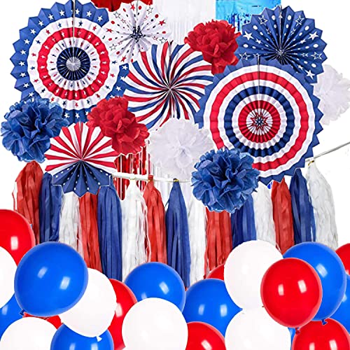 USA Unabhängigkeitstag Party Dekoration - Rotes Weiß Blau Papier Fans, Luftballons, Pom Poms, Folie Fringe Vorhänge für Amerika Feier, Abschiedsparty Deko von HEREER