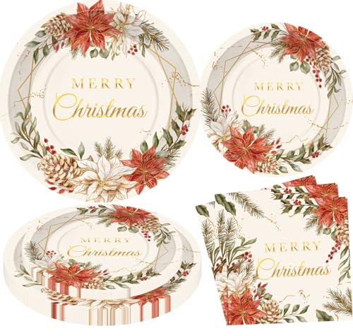 HEREER Weihnachtsparty-Zubehör, 96 Stück Merry Christmas Teller und Servietten, Retro, Beere, Stechpalmenblatt, Abendessen und Dessertteller für Weihnachten, Feiertagsdekorationen, für 24 Gäste HEREER Weihnachtsparty-Zubehör, 96 Stück Merry Christmas Teller und Servietten, Retro, Beere, Stechpalmenblatt, Abendessen und Dessertteller für Weihnachten, Feiertagsdekorationen, für 24 Gäste von HEREER