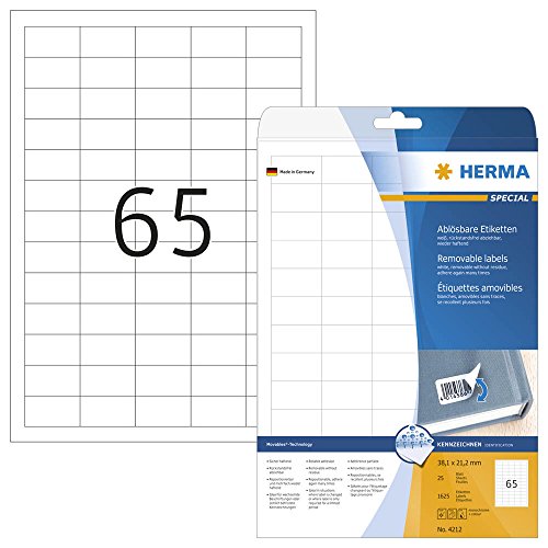1.625 HERMA 4212 Etiketten / weiß / 38,1 x 21,2 mm / wieder ablösbar von HERMA