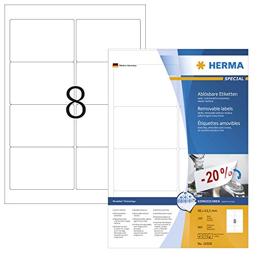 800 HERMA 10308 Etiketten / weiß / 96,0 x 63,5 mm / wieder ablösbar von HERMA