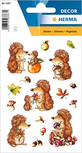 HERMA 3367 Aufkleber Igel klein groß, 48 Stück, Tiere Sticker mit Herbst Motiv, Kinder Etiketten für Fotoalbum Tagebuch Poesiealbum Scrapbooking Geburtstag Dekoration Briefe DIY Basteln von HERMA