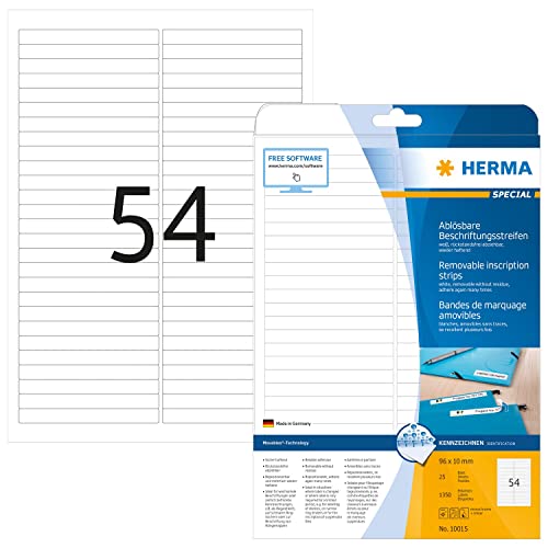 HERMA 10015 Beschriftungsstreifen ablösbar, 25 Blatt, 96 x 10 mm, 54 pro A4 Bogen, 1350 Stück, selbstklebend, bedruckbar, matt, blanko Papier Klebeetiketten Aufkleber, weiß von HERMA