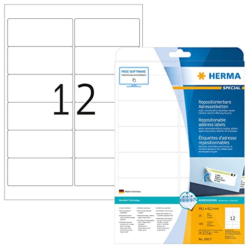 HERMA 10017 Universal Etiketten ablösbar, 25 Blatt, 99,1 x 42,3 mm, 12 pro A4 Bogen, 300 Stück, selbstklebend, bedruckbar, matt, blanko Papier Klebeetiketten Aufkleber, weiß von HERMA