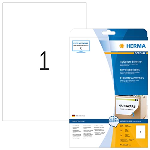 HERMA 10021 Universal Etiketten ablösbar, 800 Blatt, 210 x 297 mm, 1 pro A4 Bogen, 800 Stück, selbstklebend, bedruckbar, matt, blanko Papier Klebeetiketten Aufkleber, weiß von HERMA