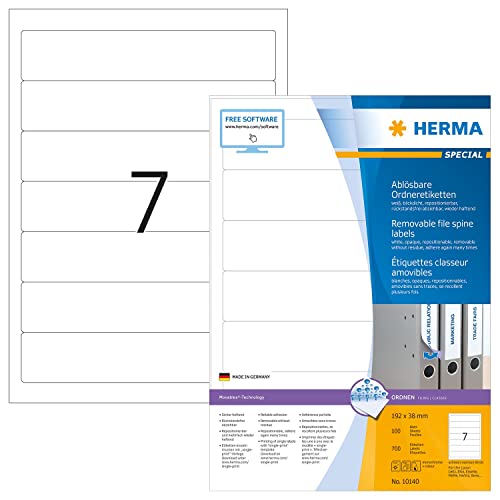 HERMA 10140 Ordnerrücken Etiketten ablösbar kurz schmal, 100 Blatt, 192 x 38 mm, 7 pro A4 Bogen, 700 Stück, selbstklebend, bedruckbar, blickdicht, Papier Ordneretiketten Rückenschilder Aufkleber, weiß von HERMA