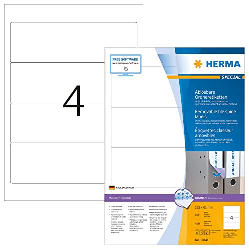 HERMA 10141 Ordnerrücken Etiketten ablösbar kurz breit, 100 Blatt, 192 x 61 mm, 4 pro A4 Bogen, 400 Stück, selbstklebend, bedruckbar, blickdicht, Papier Ordneretiketten Rückenschilder Aufkleber, weiß von HERMA