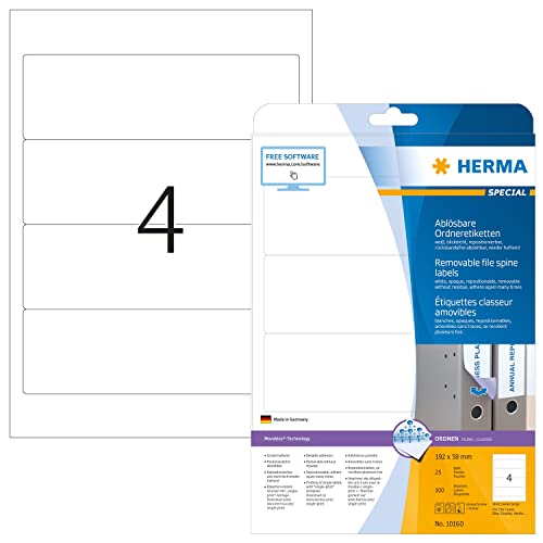 HERMA 10160 Ordnerrücken Etiketten ablösbar kurz breit, 25 Blatt, 192 x 59 mm, 4 pro A4 Bogen, 100 Stück, selbstklebend, bedruckbar, blickdicht, Papier Ordneretiketten Rückenschilder Aufkleber, weiß von HERMA