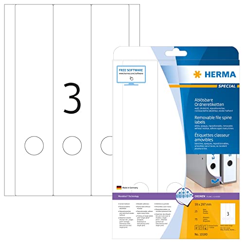 HERMA 10180 Ordnerrücken Etiketten ablösbar lang breit, 25 Blatt, 59 x 297 mm, 3 pro A4 Bogen, 75 Stück, selbstklebend, bedruckbar, blickdicht, Papier Ordneretiketten Rückenschilder Aufkleber, weiß von HERMA