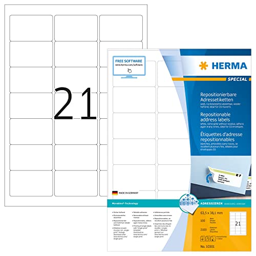 HERMA 10301 Universal Etiketten ablösbar, 1400 Blatt, 63,5 x 38,1 mm, 21 pro A4 Bogen, 29400 Stück, selbstklebend, bedruckbar, matt, blanko Papier Klebeetiketten Aufkleber, weiß HERMA 10301 Universal Etiketten ablösbar, 1400 Blatt, 63,5 x 38,1 mm, 21 pro A4 Bogen, 29400 Stück, selbstklebend, bedruckbar, matt, blanko Papier Klebeetiketten Aufkleber, weiß von HERMA