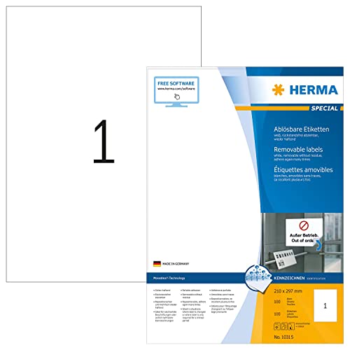 HERMA 10315 Universal Etiketten ablösbar, 100 Blatt, 210 x 297 mm, 1 pro A4 Bogen, 100 Stück, selbstklebend, bedruckbar, matt, blanko Papier Klebeetiketten Aufkleber, weiß von HERMA