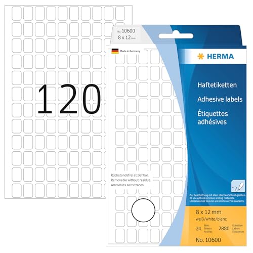 HERMA 10600 Vielzweck-Etiketten ablösbar, 2880 Stück, 8 x 12 mm, 120 pro Bogen, selbstklebend, Haushaltsetiketten zum Beschriften, matt, blanko Papier Klebeetiketten Aufkleber, weiß von HERMA