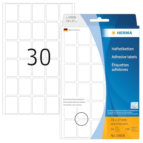 HERMA 10608 Vielzweck-Etiketten ablösbar, 960 Stück, 19 x 27 mm, 30 pro Bogen, selbstklebend, Haushaltsetiketten zum Beschriften, matt, blanko Papier Klebeetiketten Aufkleber, weiß von HERMA