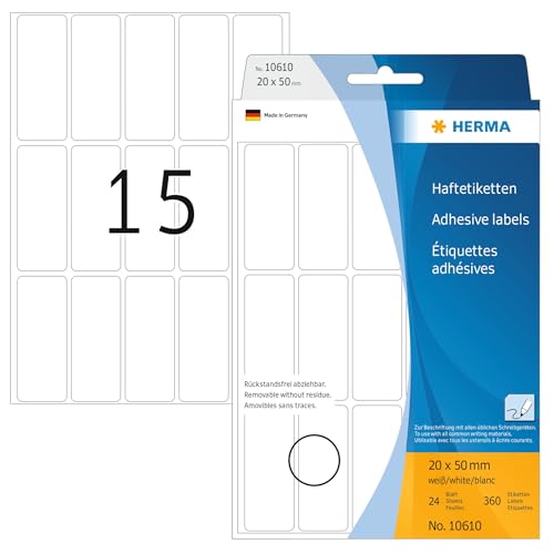 HERMA 10610 Vielzweck-Etiketten ablösbar, 360 Stück, 20 x 50 mm, 15 pro Bogen, selbstklebend, Haushaltsetiketten zum Beschriften, matt, blanko Papier Klebeetiketten Aufkleber, weiß von HERMA