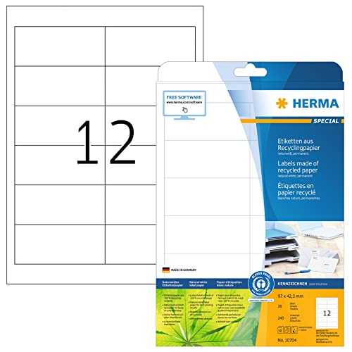 HERMA 10704 Recycling Etiketten, 20 Blatt, 97 x 42,3 mm, 12 pro A4 Bogen, 240 Stück, selbstklebend, bedruckbar, matt, blanko Recycling-Papier Klebeetiketten Aufkleber, natur-weiß von HERMA