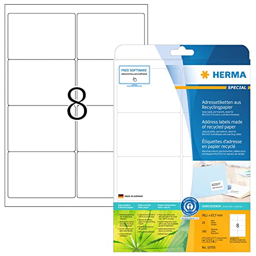 HERMA 10705 Recycling Etiketten, 20 Blatt, 99,1 x 67,7 mm, 8 pro A4 Bogen, 160 Stück, selbstklebend, bedruckbar, matt, blanko Recycling-Papier Klebeetiketten Aufkleber, natur-weiß von HERMA