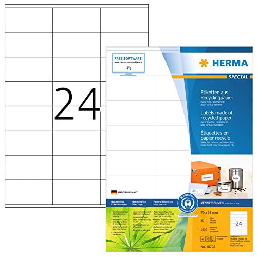 HERMA 10728 Recycling Etiketten, 80 Blatt, 70 x 36 mm, 24 pro A4 Bogen, 1920 Stück, selbstklebend, bedruckbar, matt, blanko Recycling-Papier Klebeetiketten Aufkleber, natur-weiß von HERMA