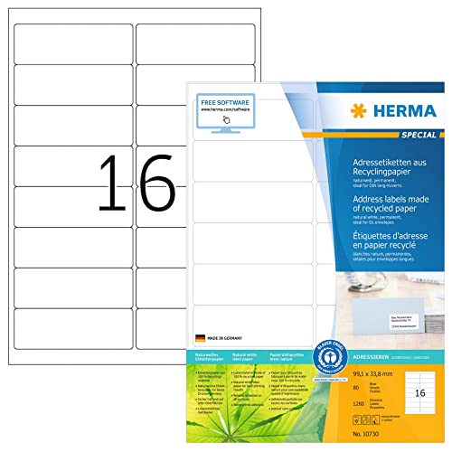 HERMA 10730 Recycling Etiketten, 80 Blatt, 99,1 x 33,8 mm, 16 pro A4 Bogen, 1280 Stück, selbstklebend, bedruckbar, matt, blanko Recycling-Papier Klebeetiketten Aufkleber, natur-weiß von HERMA