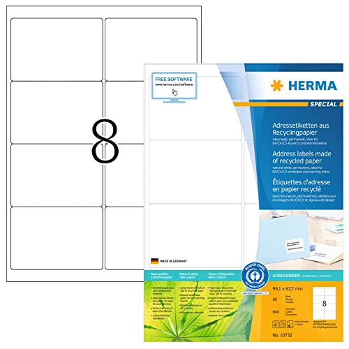 HERMA 10732 Recycling Etiketten, 80 Blatt, 99,1 x 67,7 mm, 8 pro A4 Bogen, 640 Stück, selbstklebend, bedruckbar, matt, blanko Recycling-Papier Klebeetiketten Aufkleber, natur-weiß von HERMA