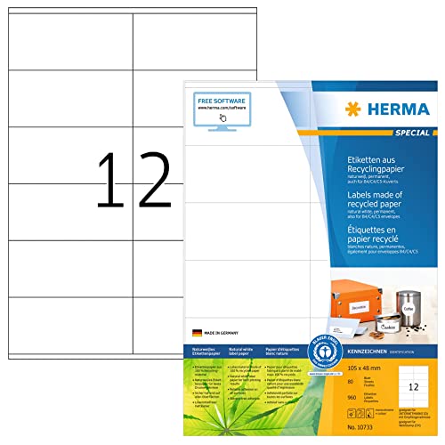 HERMA 10733 Recycling Etiketten, 80 Blatt, 105 x 48 mm, 12 pro A4 Bogen, 960 Stück, selbstklebend, bedruckbar, matt, blanko Recycling-Papier Klebeetiketten Aufkleber, natur-weiß von HERMA