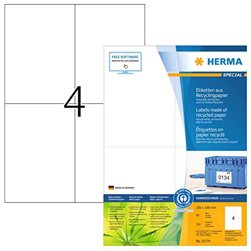 HERMA 10734 Recycling Etiketten, 80 Blatt, 105 x 148 mm, 4 pro A4 Bogen, 320 Stück, selbstklebend, bedruckbar, matt, blanko Recycling-Papier Klebeetiketten Aufkleber, natur-weiß von HERMA