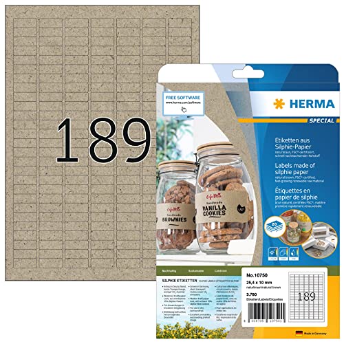 HERMA 10750 Universal Etiketten aus Graspapier, 20 Blatt, 25,4 x 10 mm, 189 pro A4 Bogen, 3780 Stück, selbstklebend, bedruckbar, matt, blanko Silphie-Papier Klebeetiketten Aufkleber, natur-braun von HERMA