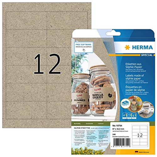 HERMA 10754 Universal Etiketten aus Graspapier, 20 Blatt, 97 x 42,3 mm, 12 pro A4 Bogen, 240 Stück, selbstklebend, bedruckbar, matt, blanko Silphie-Papier Klebeetiketten Aufkleber, natur-braun von HERMA