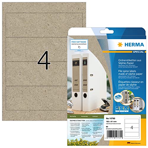 HERMA 10760 Ordnerrücken Etiketten aus Graspapier kurz breit, 20 Blatt, 192 x 61 mm, 4 pro A4 Bogen, 80 Stück, selbstklebend, bedruckbar, Silphie-Papier Ordneretiketten Rückenschilder, natur-braun von HERMA