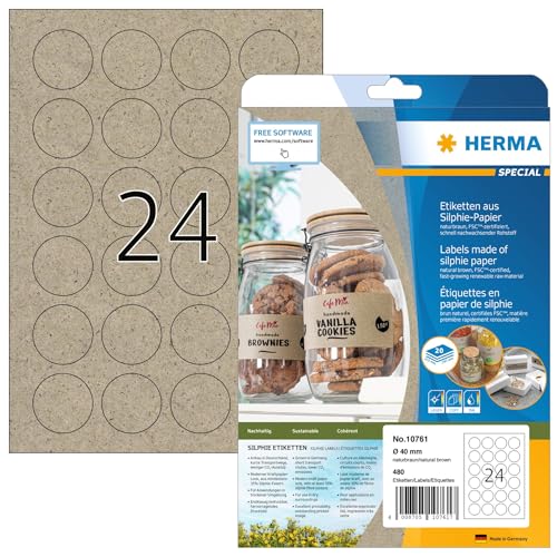 HERMA 10761 Universal Etiketten rund, 20 Blatt, Ø 40 mm, 24 pro A4 Bogen, 480 Stück, selbstklebend, bedruckbar, matt, blanko Klebeetiketten aus Silphie-Papier, natur-braun von HERMA